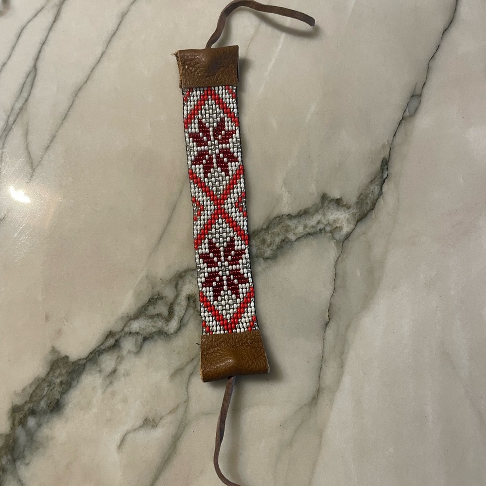 Hand beaded, beads and leather bracelet
